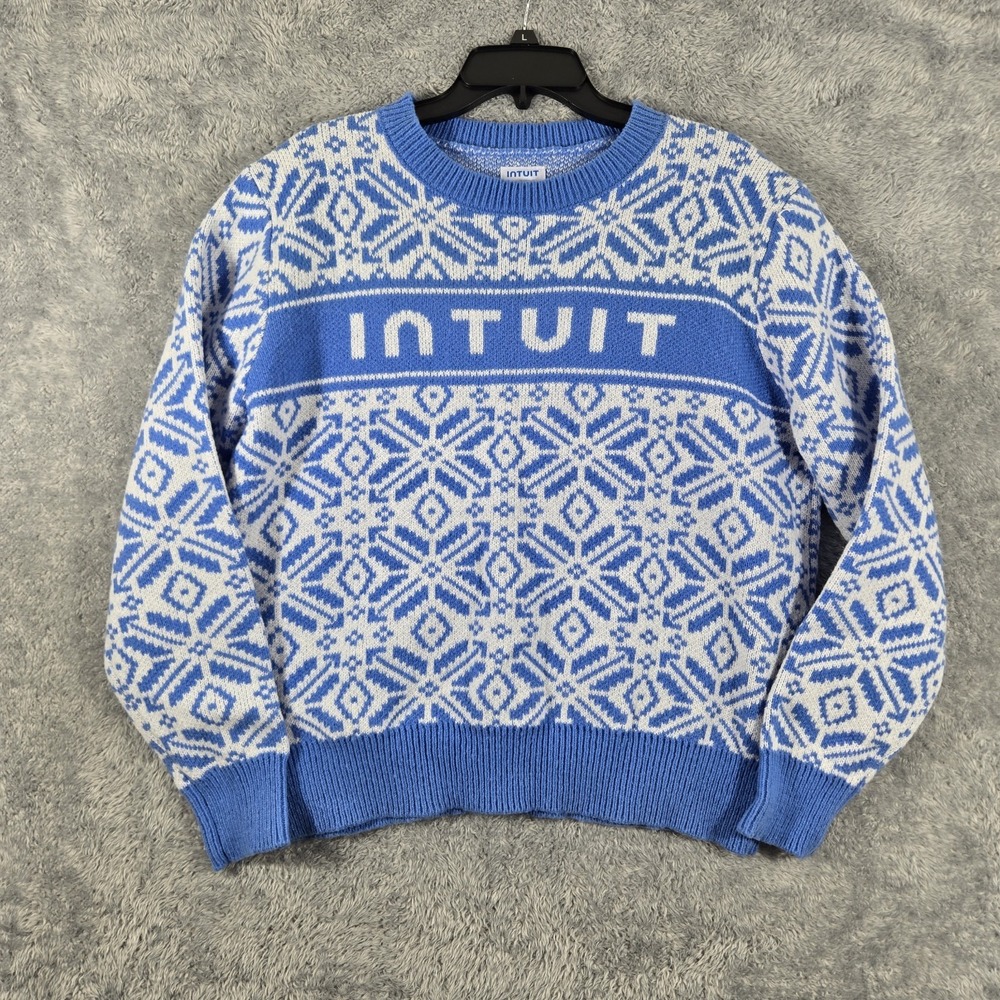 Intuit Mens Fair Isle Snowflake Holiday Sweater Blue White Logo Size Large